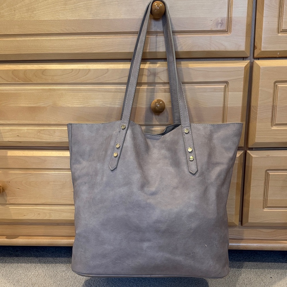 Classic Taupe Tote Bag with Gold Stud Details - Women's Shoulder Bag